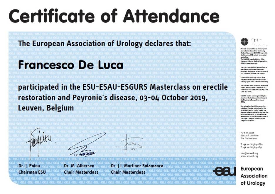 Certificato ESU-ESAU-ESGURS Masterclass on erectile restoration and Peyronie's disease